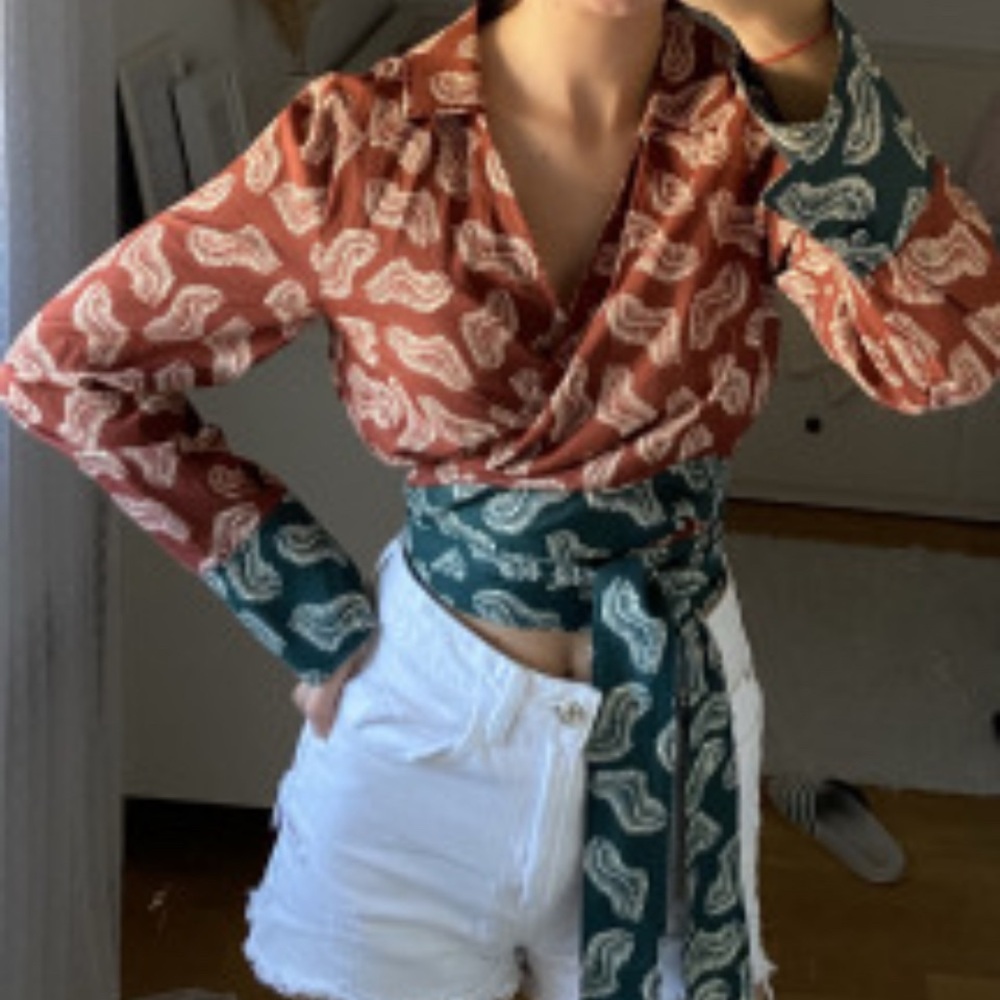 Zara Jasmine Leaf Fern Print Wrap Blouse - Wine and Forest Green sz M